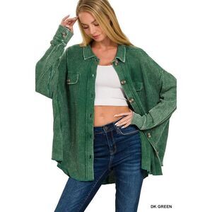 Zenana Outfitters Oversized Corduroy Shirt Jacket - Dark Green
